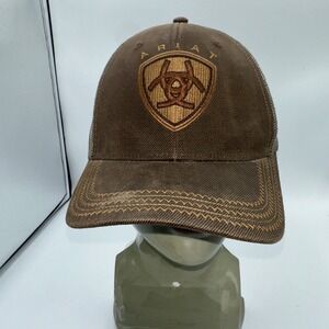 Ariat Snapback Trucker Hat Brown Oilskin mesh Adjustable Embroidered